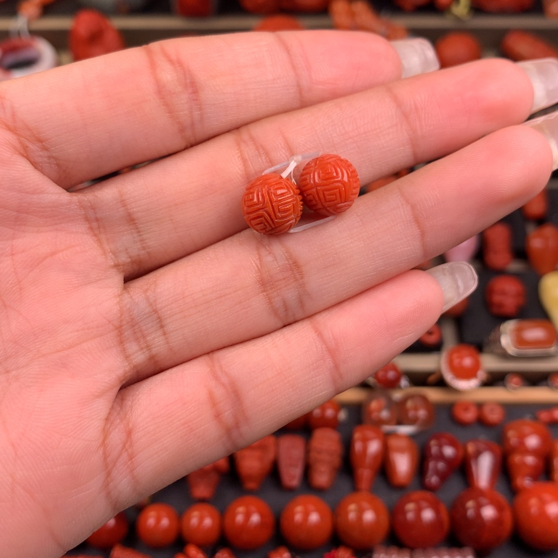 南红玛瑙未镶嵌回纹对珠9+