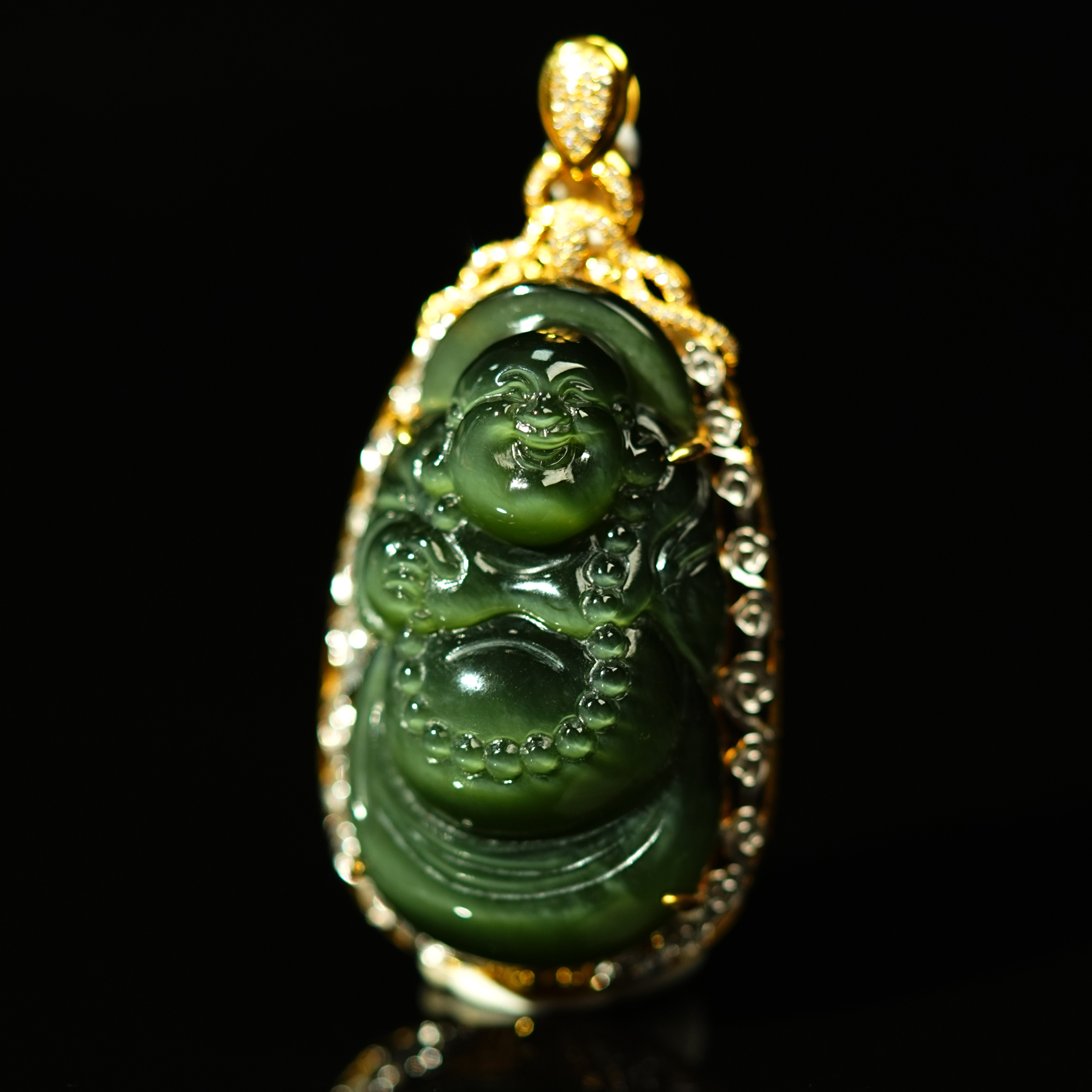 『小浩珠宝』天然和田玉碧玉老料·冰底猫眼黑猫逍遥佛18K吊坠