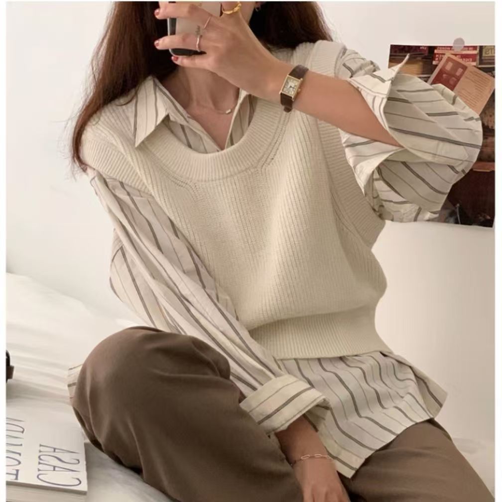 8008白大竖条纹气质休闲衬衫