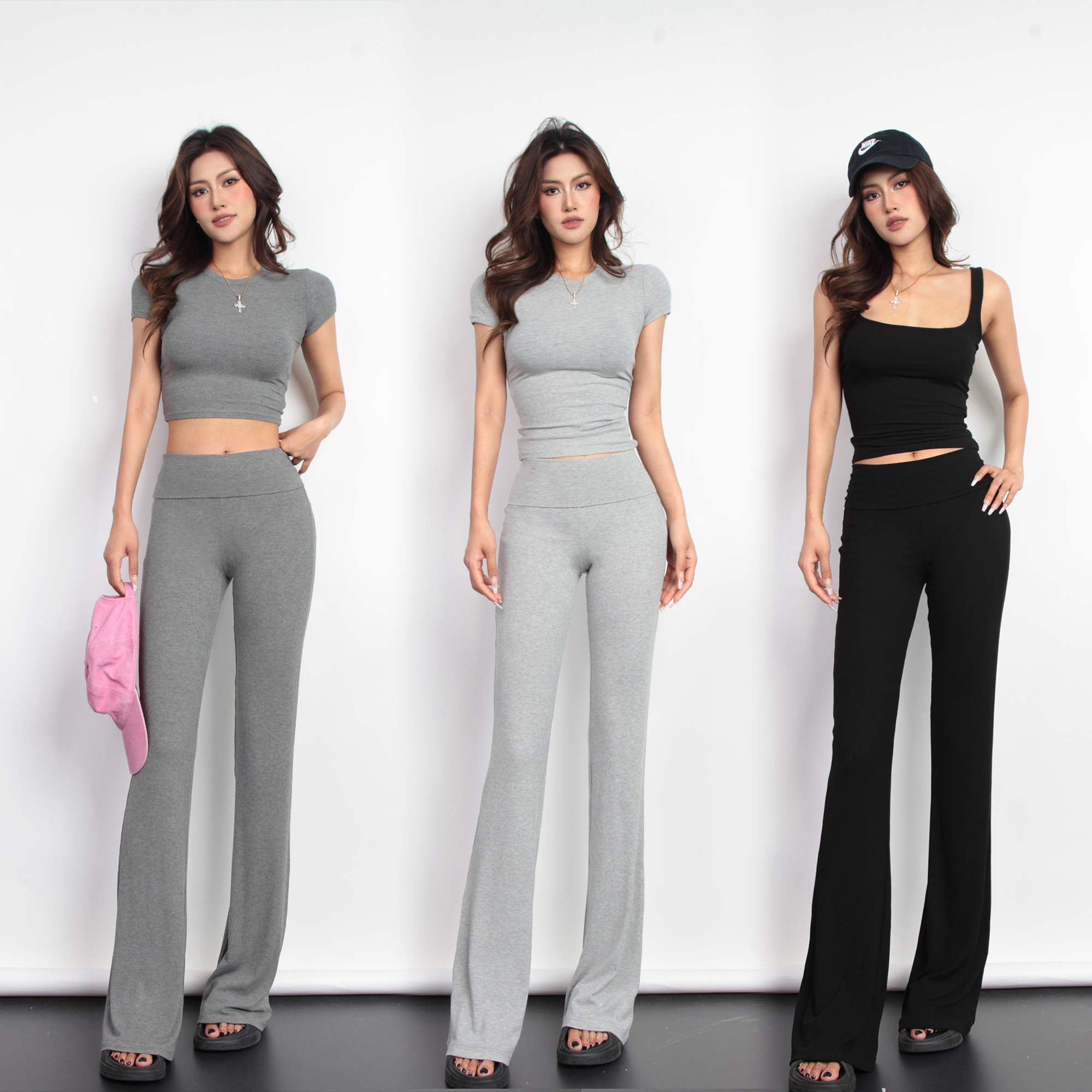 【Aliu自制】夏季版螺纹翻腰微喇叭拖地裤女提臀收腹显瘦弹力垂垂裤