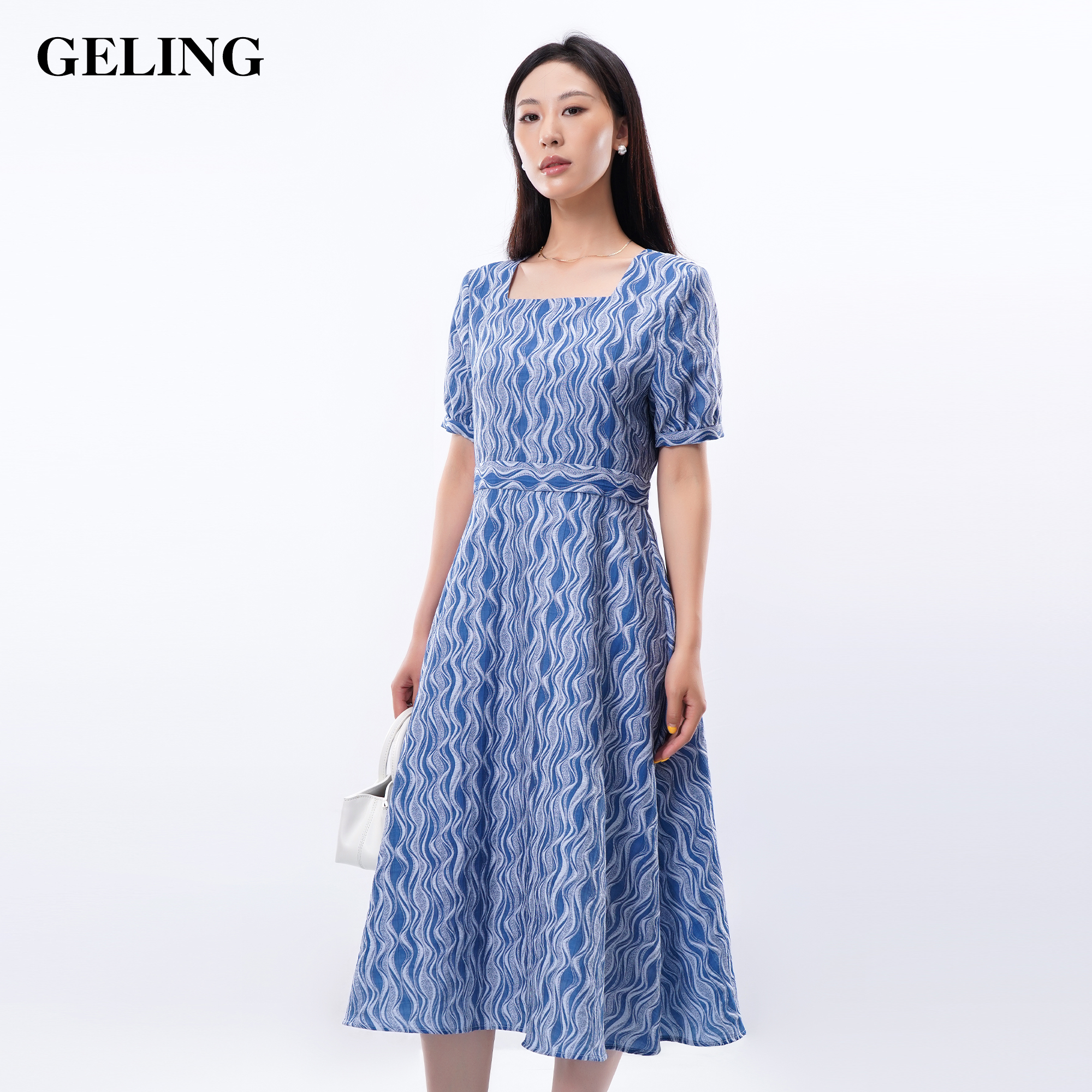 GELING/歌&玲夏季时尚气质显瘦方领连衣裙G504L349L印花优雅复古