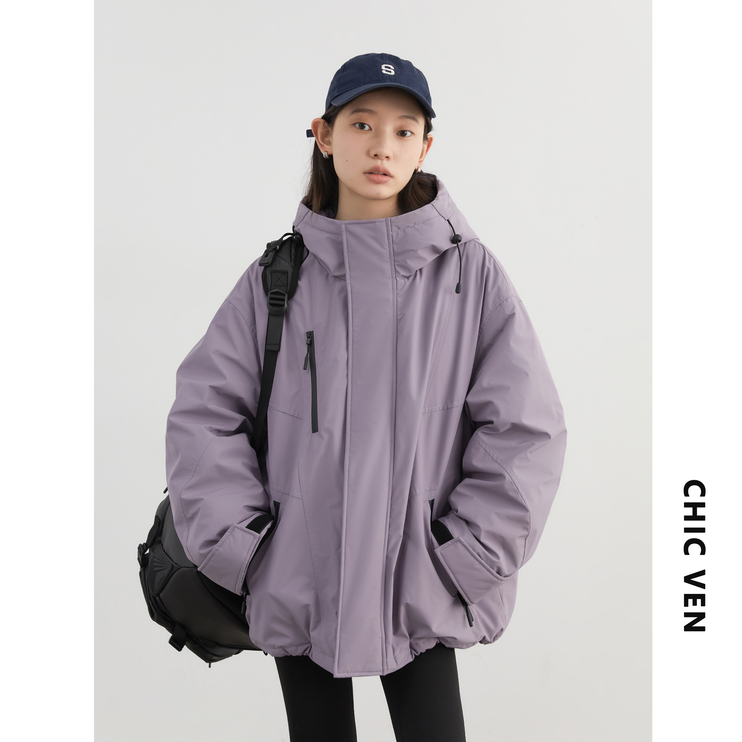 CHIC VEN冬季新款户外连帽羽绒服90白鸭绒工装夹克外套124DW10661