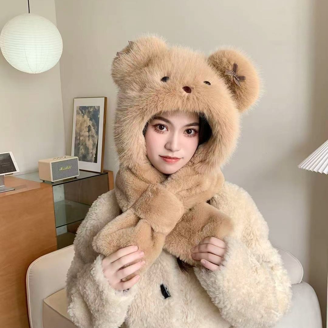 冬季新款可爱小熊毛绒帽子加厚保暖围巾一体帽卡通耳朵蝴蝶两件套