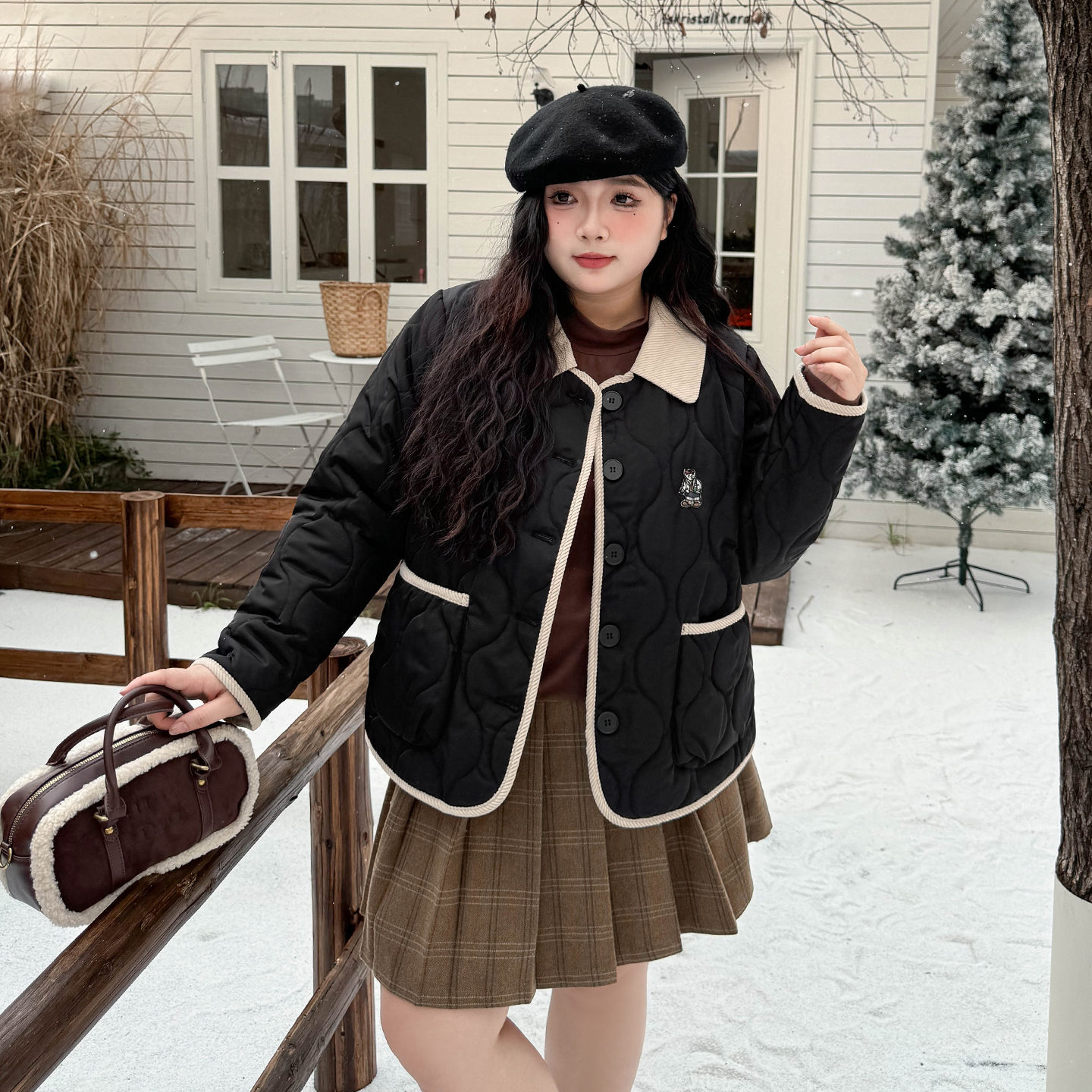 CD6472大码女装【韩系菱格棉衣】秋冬新款撞色小熊刺绣保暖棉服外套