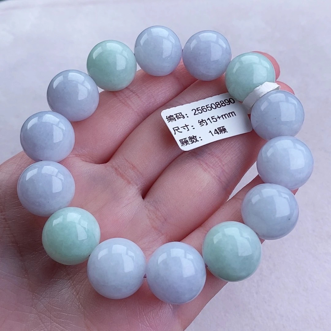 缅甸翡翠圆珠手串 大卡15+ 冰春带彩玉手串 彩色 精美 时尚手串珠