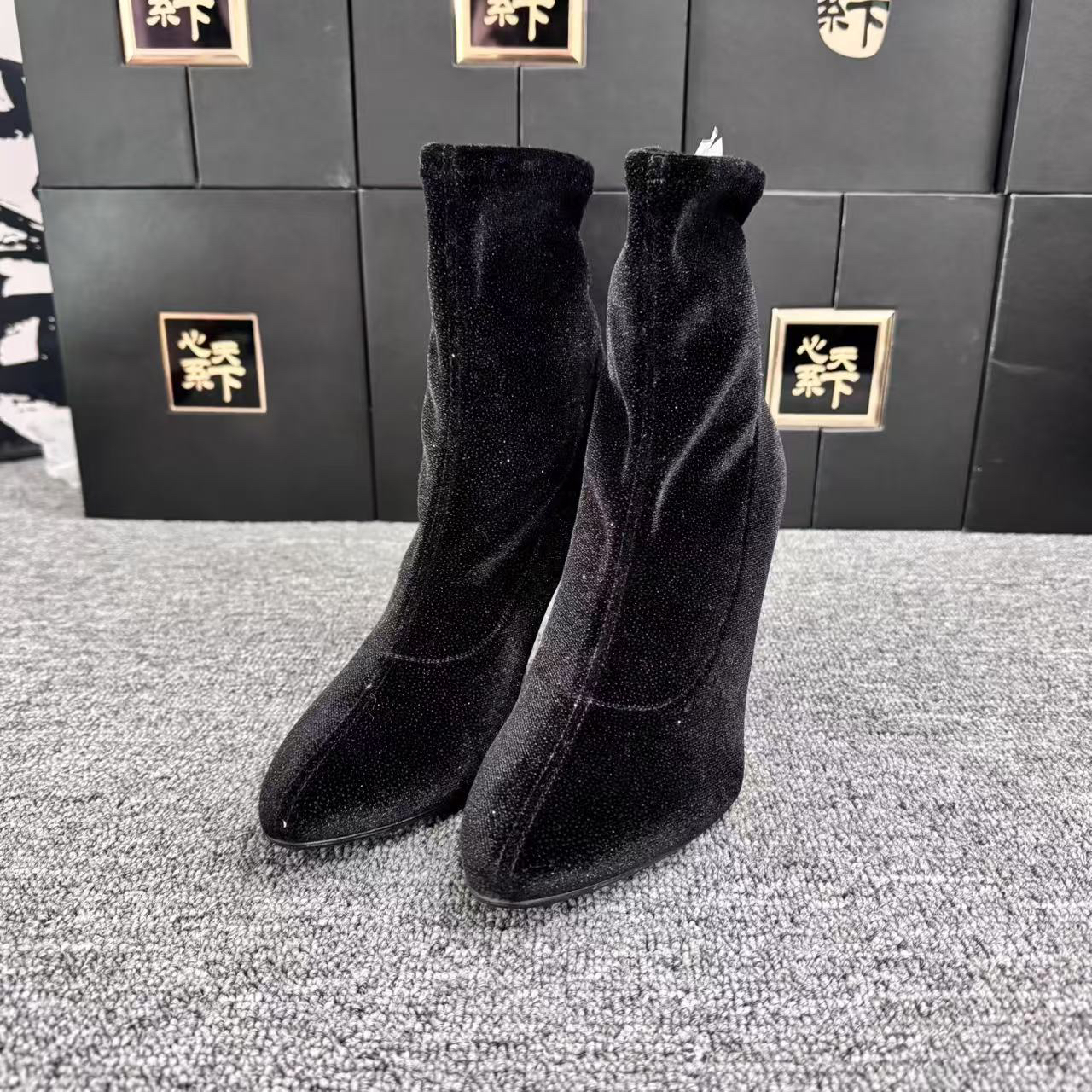 95新 YSL/圣罗兰 GZ弹力织物闪片细高跟靴37.5码带盒全配YSC0985