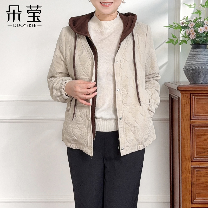 妈妈装春秋短款连帽外套女中年气质拉链开衫休闲夹克衫时尚25B18