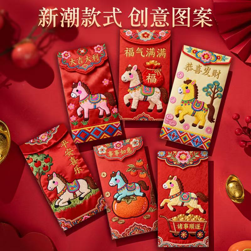 新款2026马年仿真5D打印刺绣小马红包高颜值利是封春节可爱压岁包