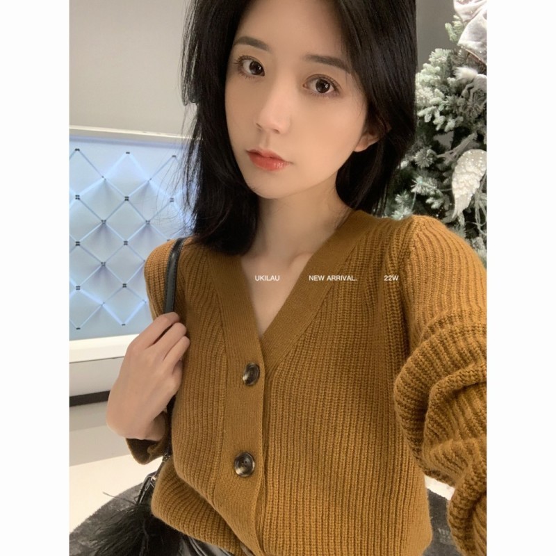 已改价UKILAU时尚气质基础款简约v领百搭安哥拉兔毛开衫毛衣外套
