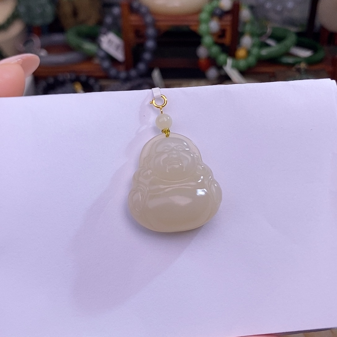 和田玉藕粉老料金镶佛公吊坠未镶嵌