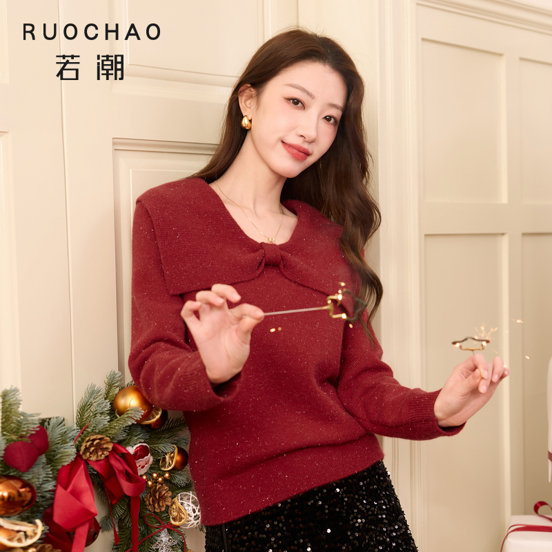 三彩大码女装2025冬季新款新年红蝴蝶结大翻领针织衫