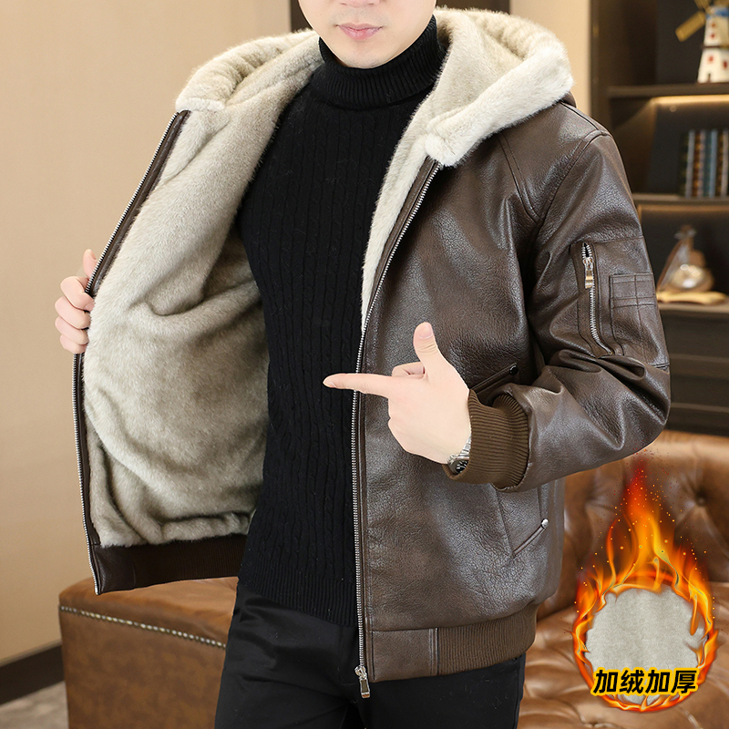 男士加绒加厚皮衣男士连帽保暖外套男装冬季新款男士皮衣潮流百搭