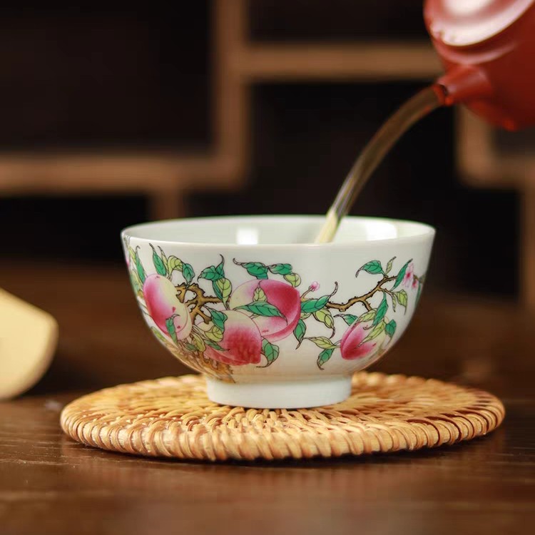 景德镇手工手绘粉彩蟠桃献寿高端陶瓷茶具主人杯