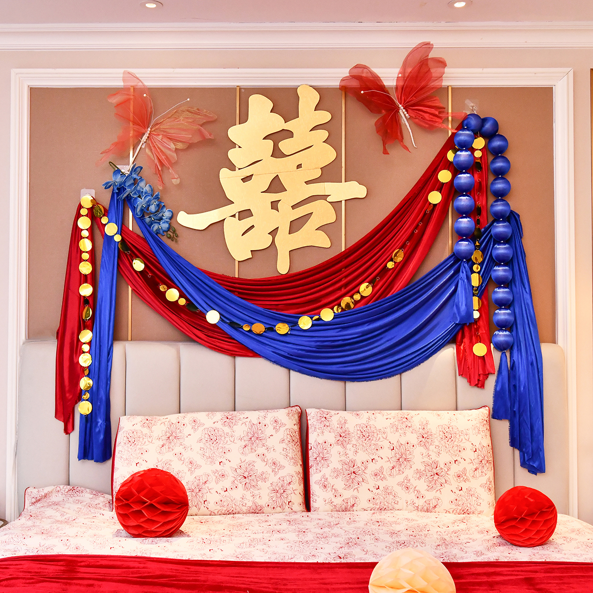 高级新中式结婚装饰婚房卧室床头客厅喜字背景墙布置