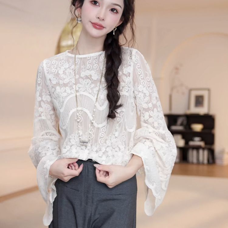 韩版时尚温柔风喇叭袖长袖提花蕾丝上衣女轻奢高级感洋气别致上衣