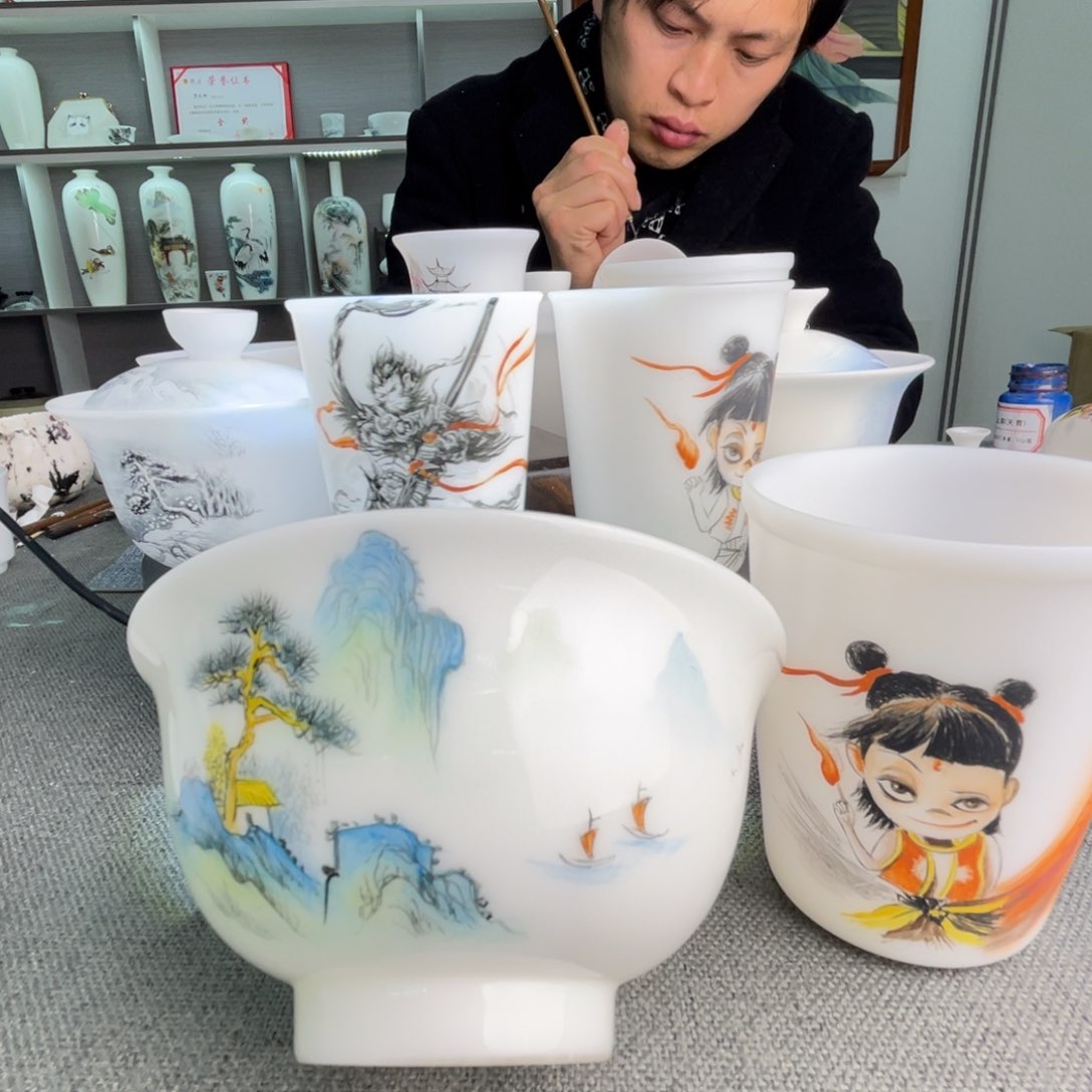 手绘12寸饭碗千里江山