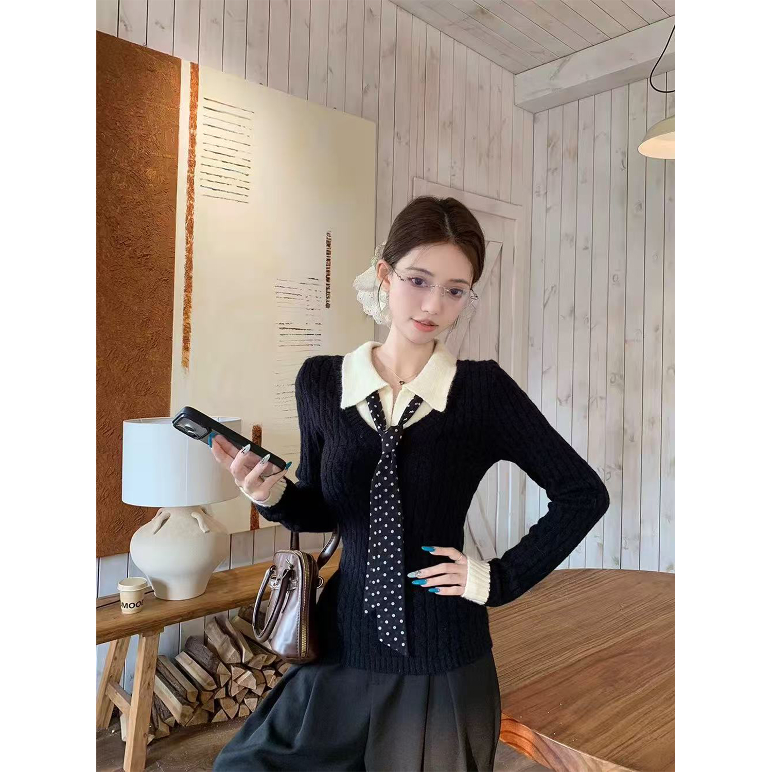 麻花毛衣女秋冬拼接假两件内搭复古长袖打底外穿针织设计感上衣