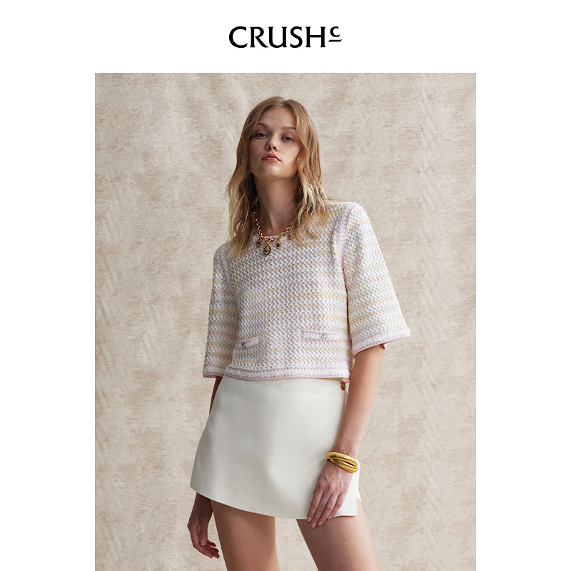 Crush Collection2025年春夏新款花呢中袖航海系拼色条纹针织衫女