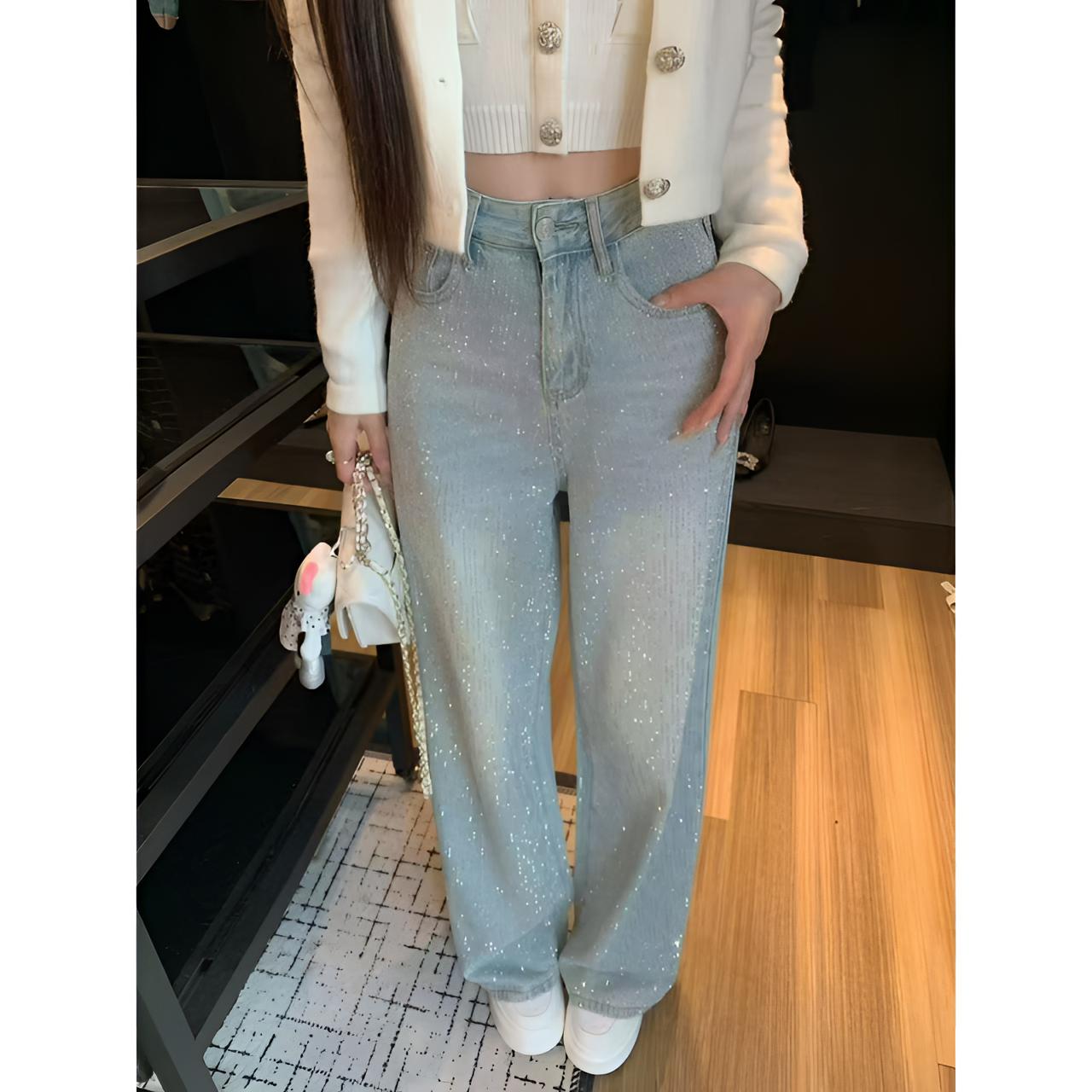 加绒加厚  满天星河烫钻阔腿牛仔裤秋冬高腰宽松显瘦拖地裤AM6662