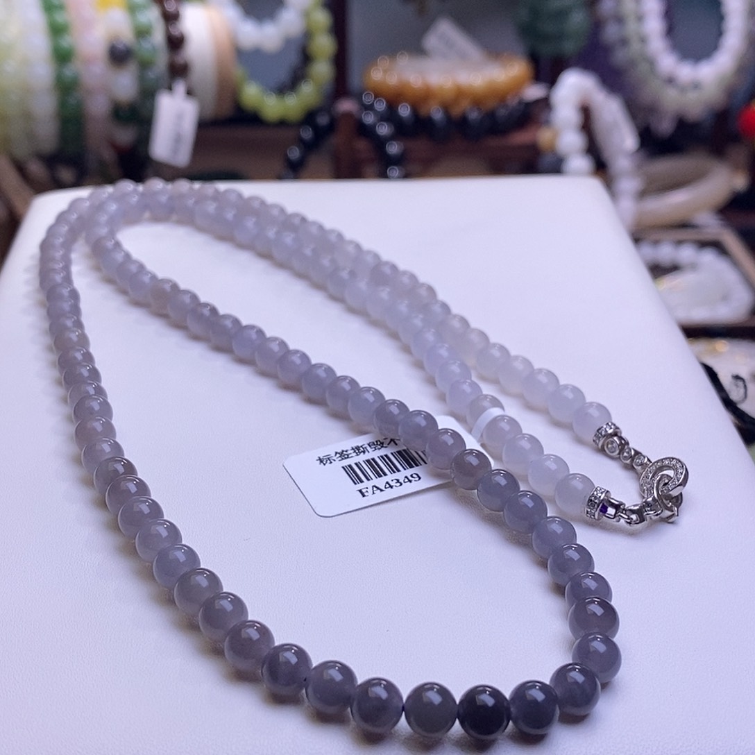 颈饰未镶嵌和田玉烟紫老矿料高冰葡萄紫渐变珠链6m