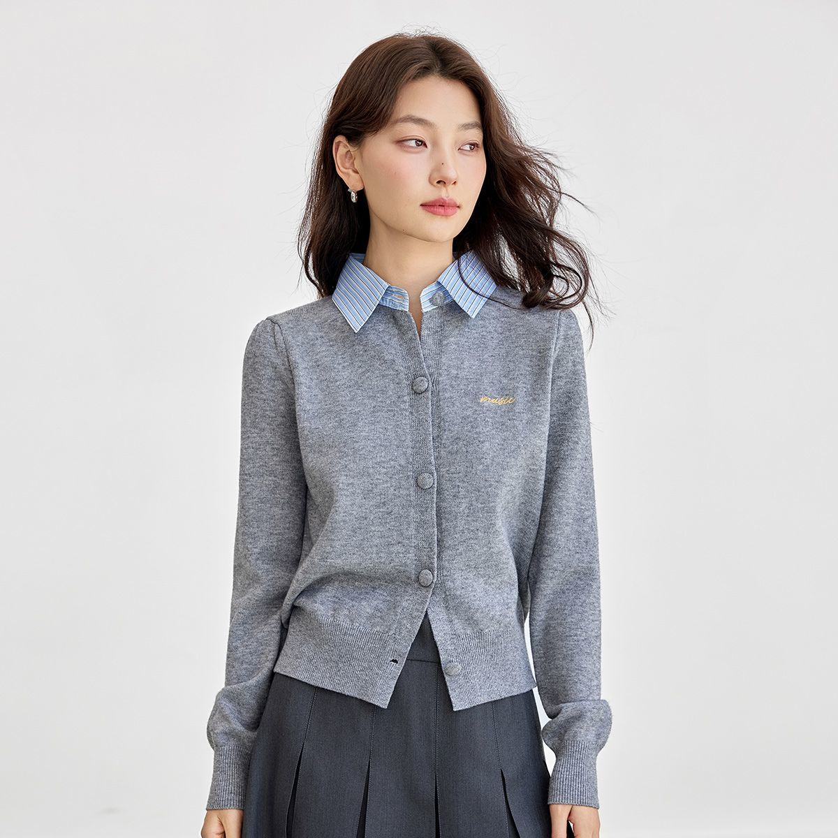 茵曼学院风假两件针织开衫女秋季修身灰色polo领显瘦百搭毛衣上衣