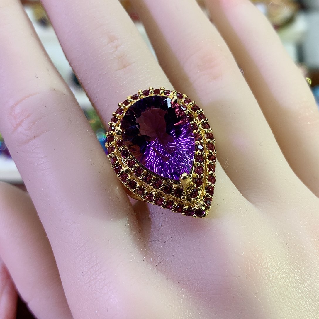 紫晶戒指银S925镀金镶嵌