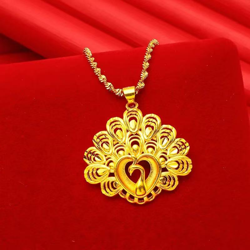 铜合金项链 孔雀开屏吊坠妈妈时尚结婚金色褪色孔雀开屏坠饰