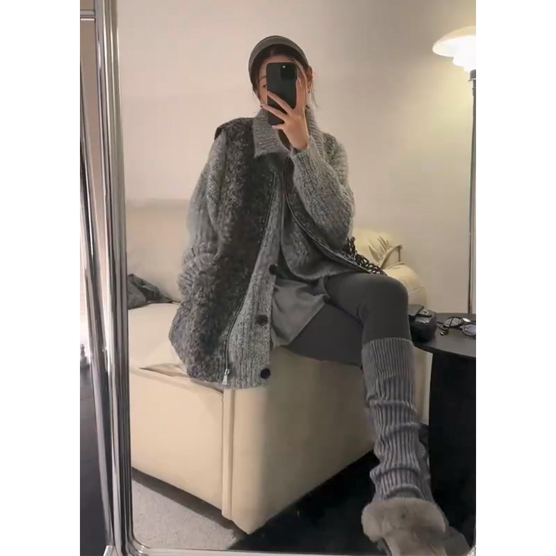 2025秋季新款韩系穿搭修身拉链马甲背心百搭宽松翻领长袖毛衣外套