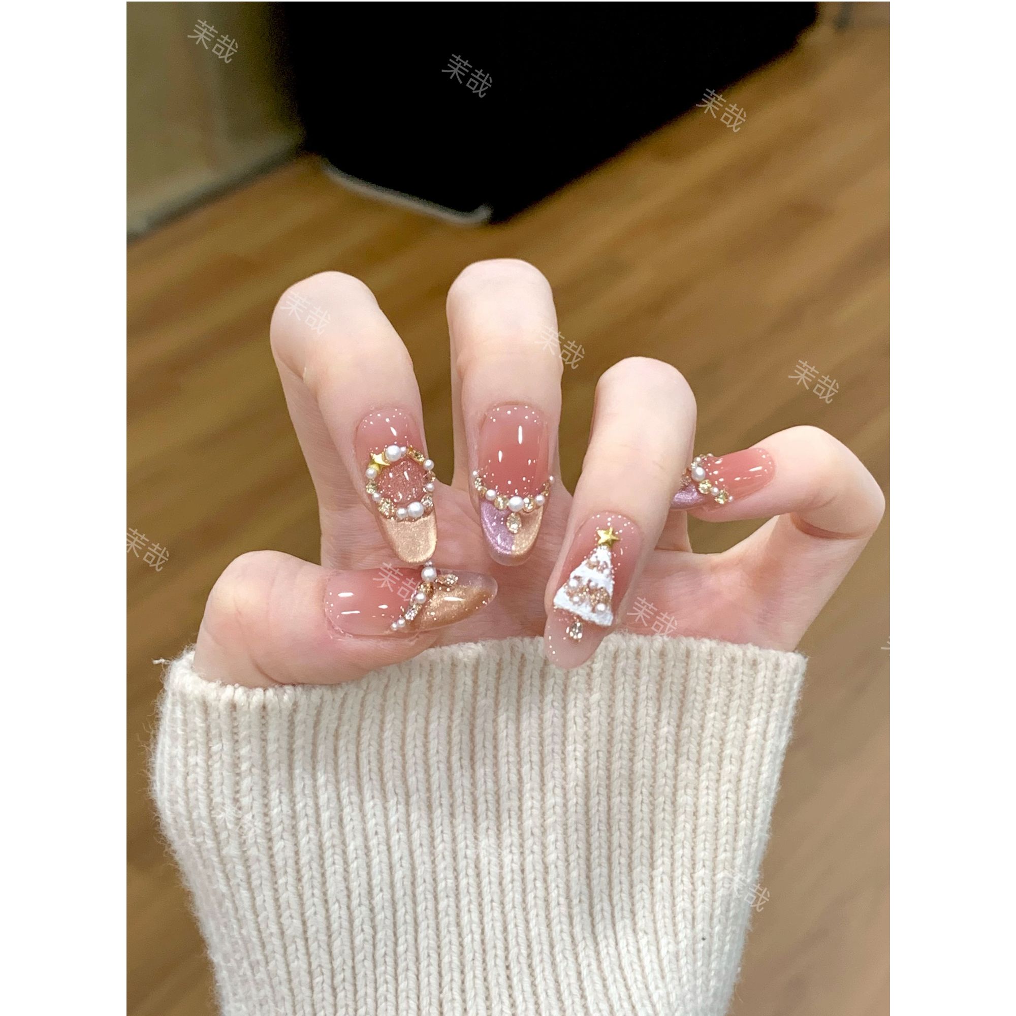 茉哉现货【圣诞星愿】纯手工定制美甲拆卸穿戴甲A5042