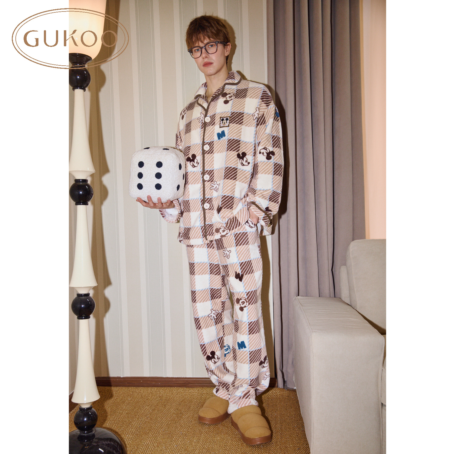 Gukoo/果壳迪士尼联名米奇睡衣套装男保暖加厚居家