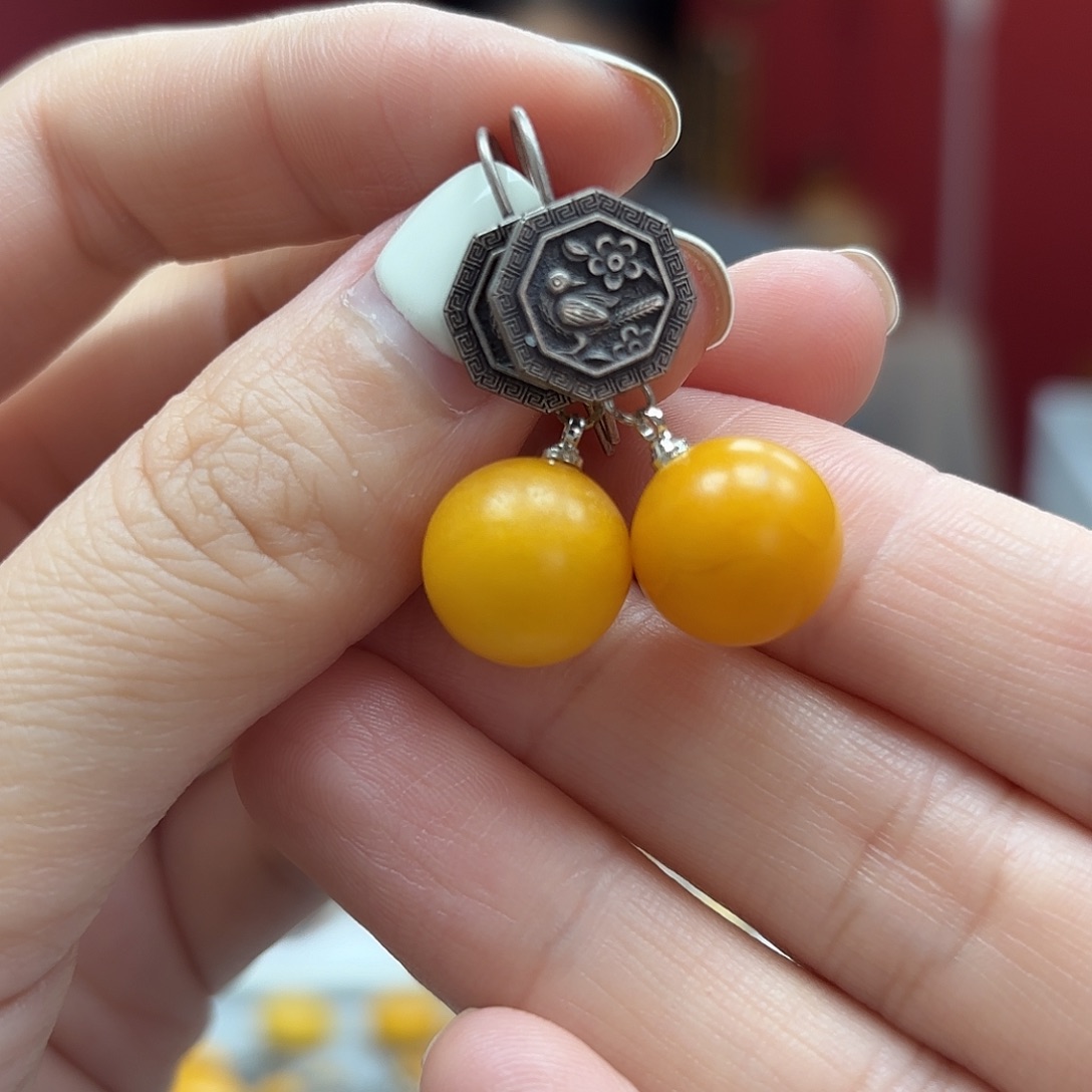 琥珀裸石银S925镶嵌23耳坠