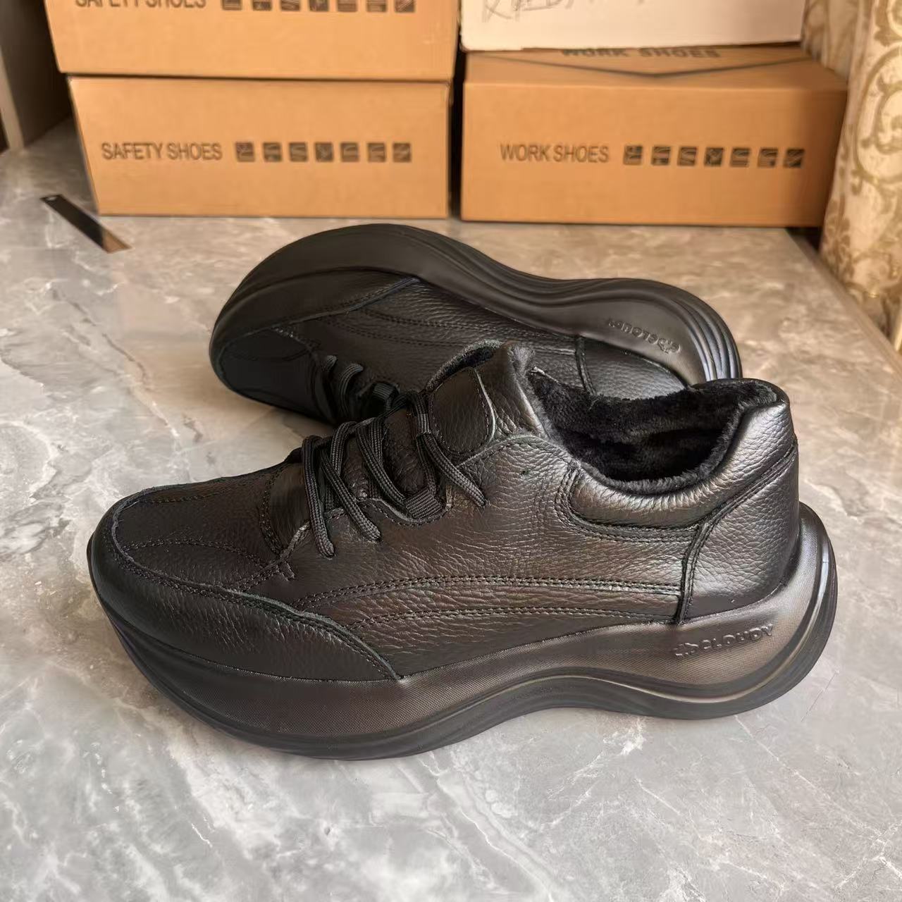 加绒冬季头层牛皮真皮男女轻便圆头厚底镂空透气时尚户外工作鞋