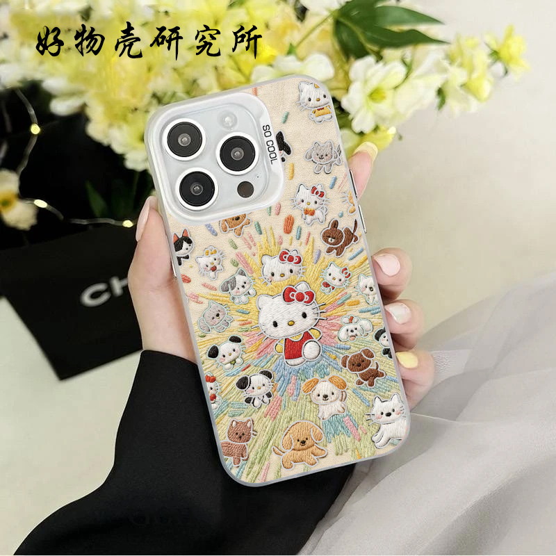 刺绣KT猫彩银壳适用于iPhone苹果17华为QPPQ小米VIVO手机壳