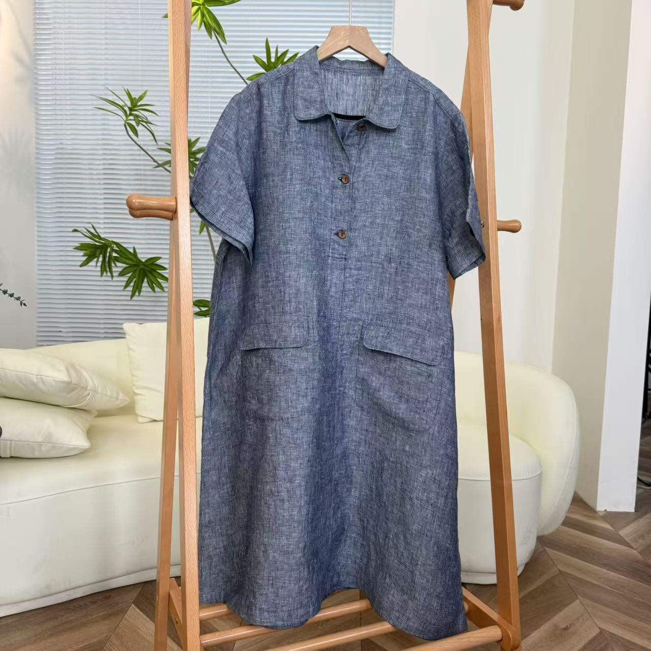 福禧·爱尼夏季新款时尚百搭方领半门襟短袖连衣裙1111