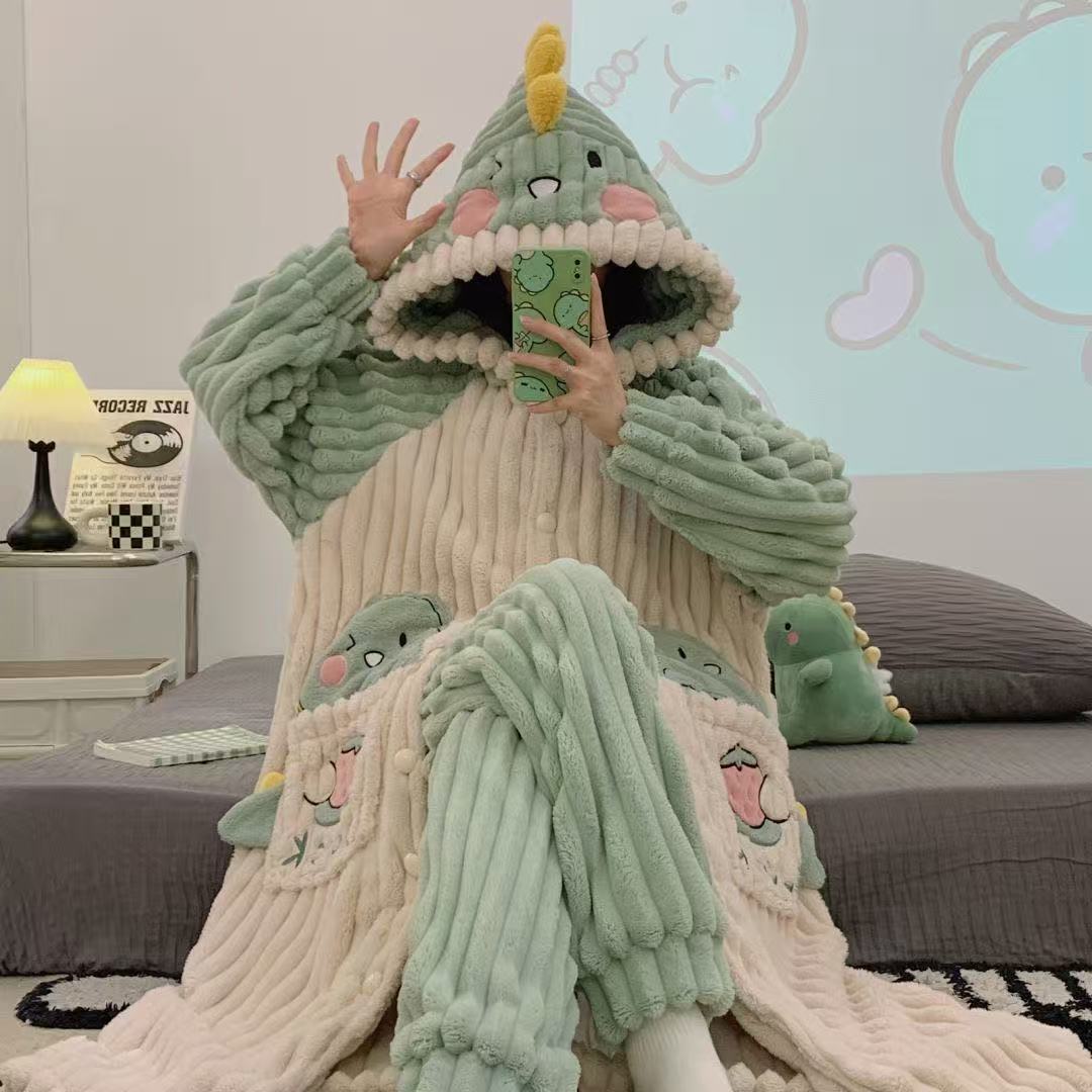 女加绒冬季长毛加厚女加厚珊瑚绒睡衣保暖卡通