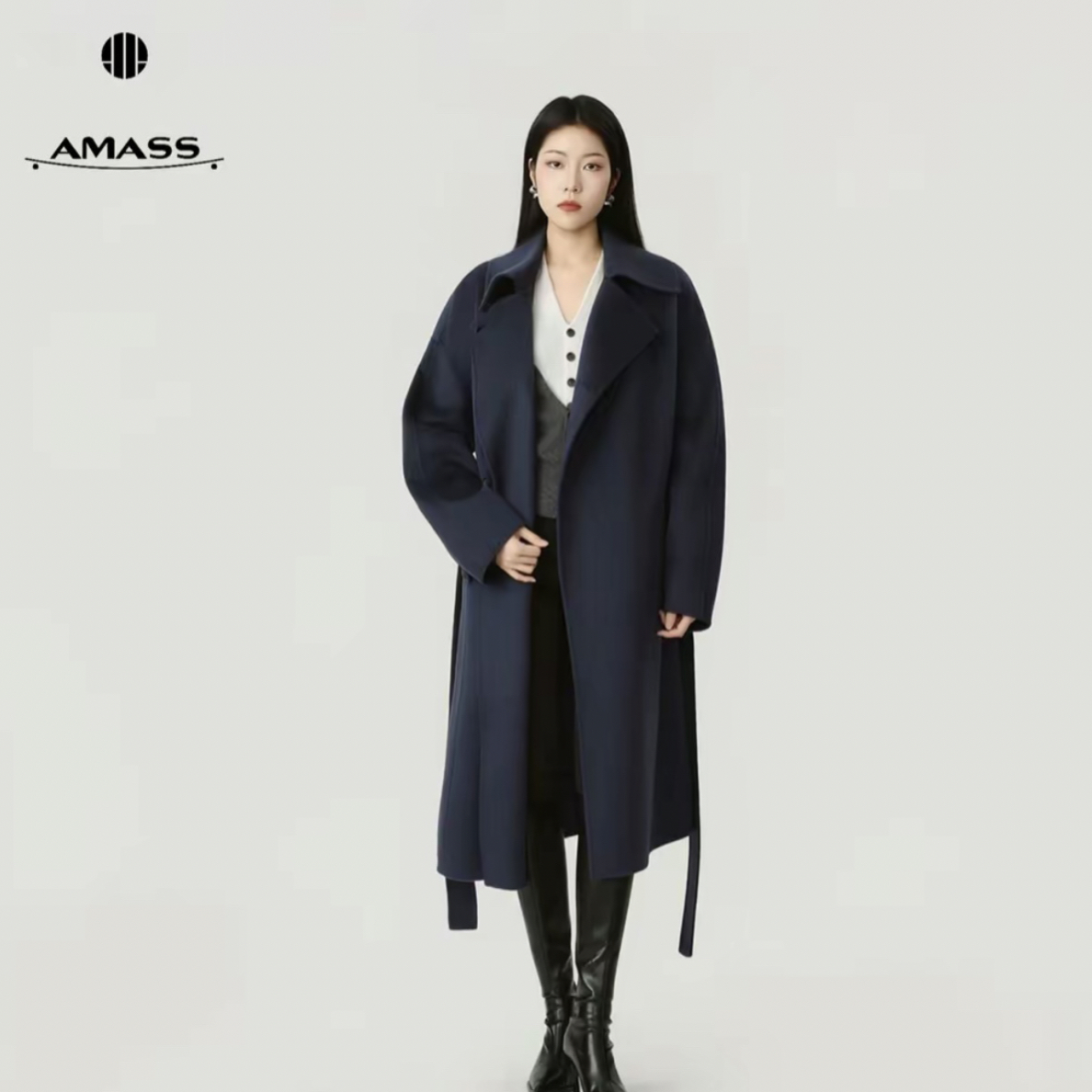 AMASS/阿玛施540029宽松装卸袖袢大衣女士呢大衣毛呢外套翻领女