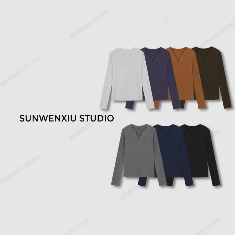 swx studio5店 “暖宝宝打底”秋冬纯色修身磨毛高质感v领打底T恤