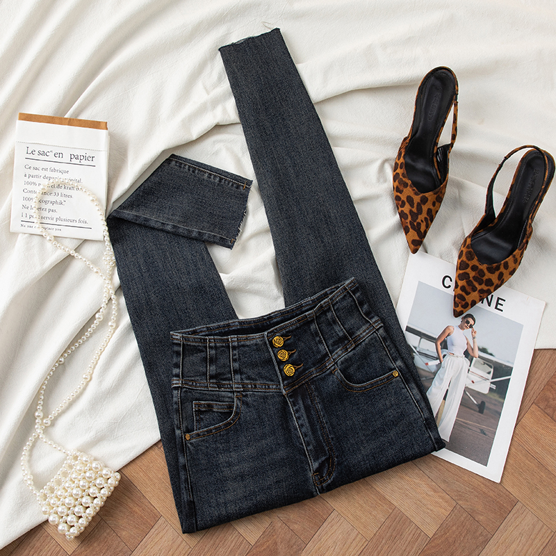 [霞姐专属]春秋新款黑色三粒扣牛仔裤高腰显瘦弹力修身小脚铅笔裤