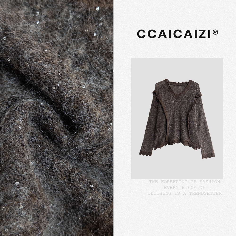 CCAICAI「星垂野」蕾丝V领亮片设计马海毛宽松慵懒显瘦毛衣 1557