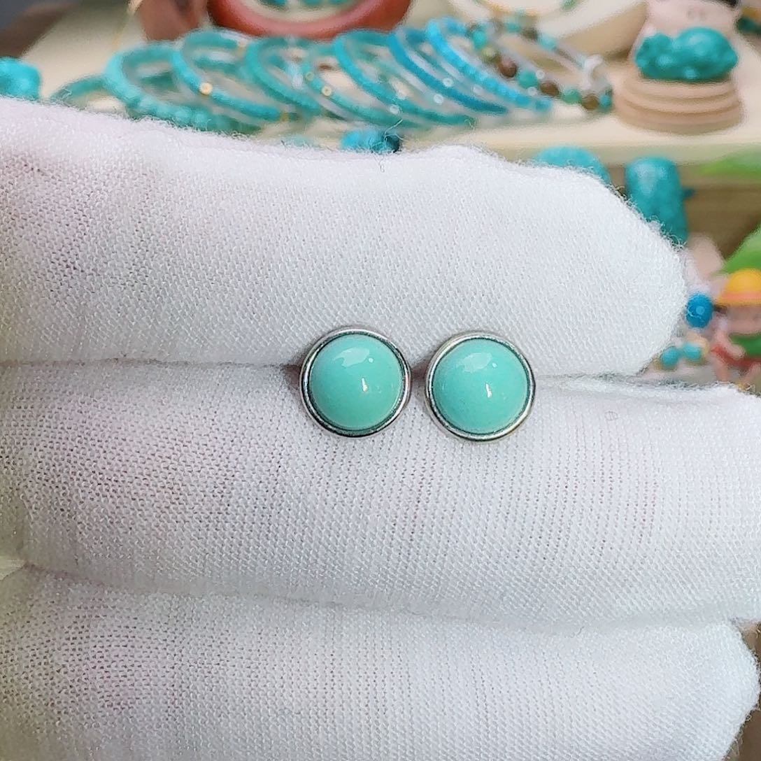 绿松石银S925镶嵌珠宝奇石简约饱满耳钉