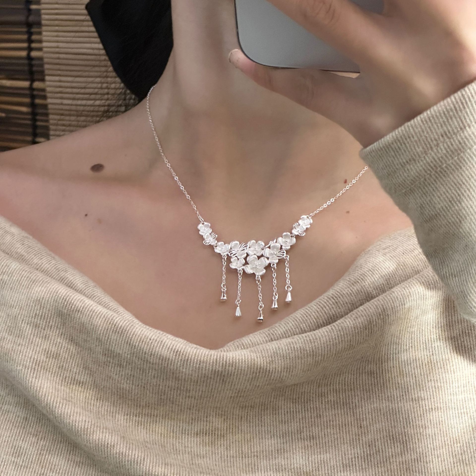 吊坠足银 花团锦簇项链手工精致高级长流苏梅花女繁花似锦锁骨链