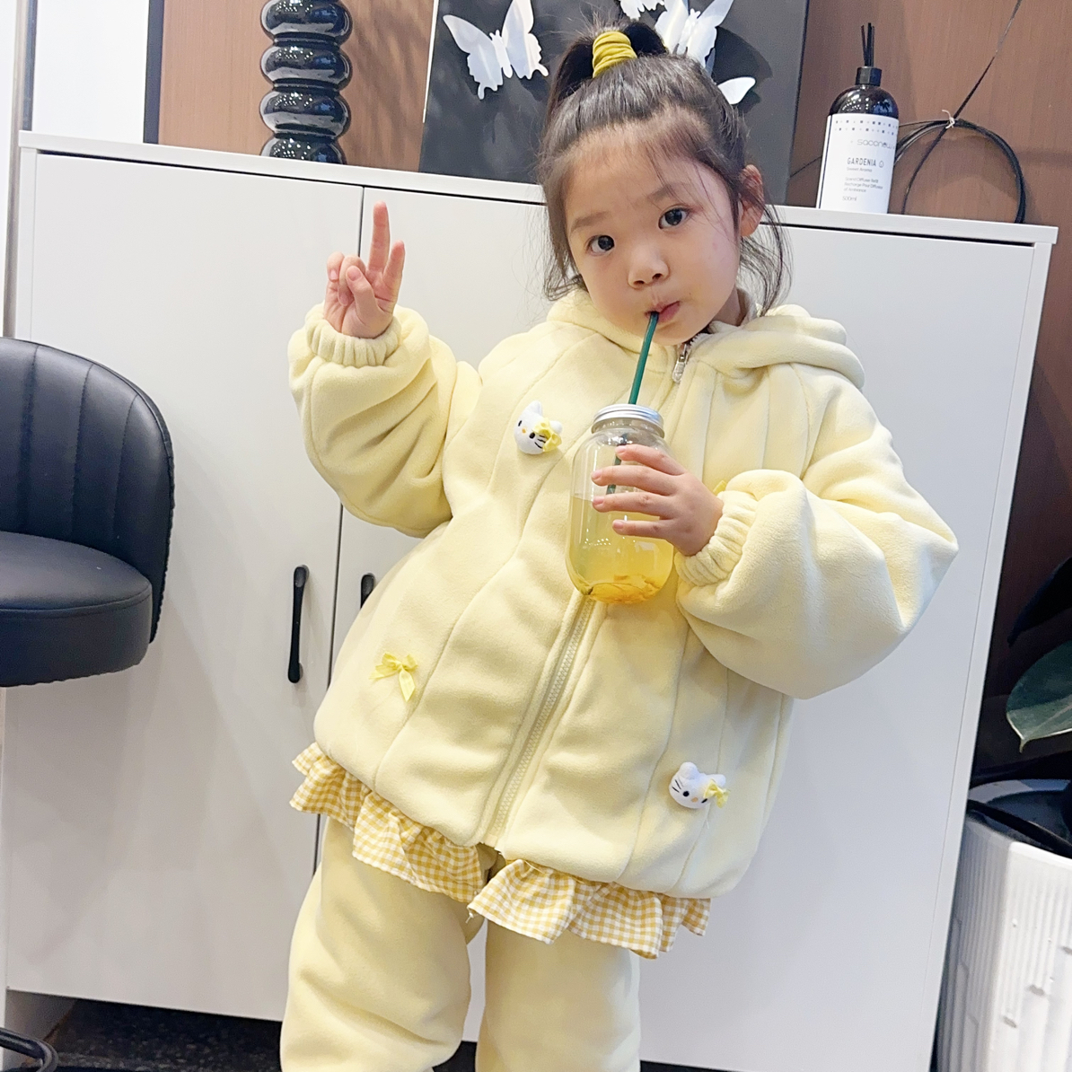 儿童猫咪三层夹棉一件过冬家居服外穿服蚕丝棉