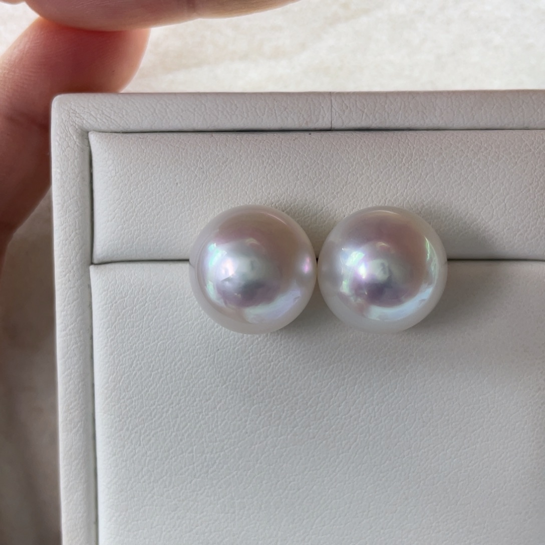 18K金镶嵌耳饰海水珍珠澳白14-15m m