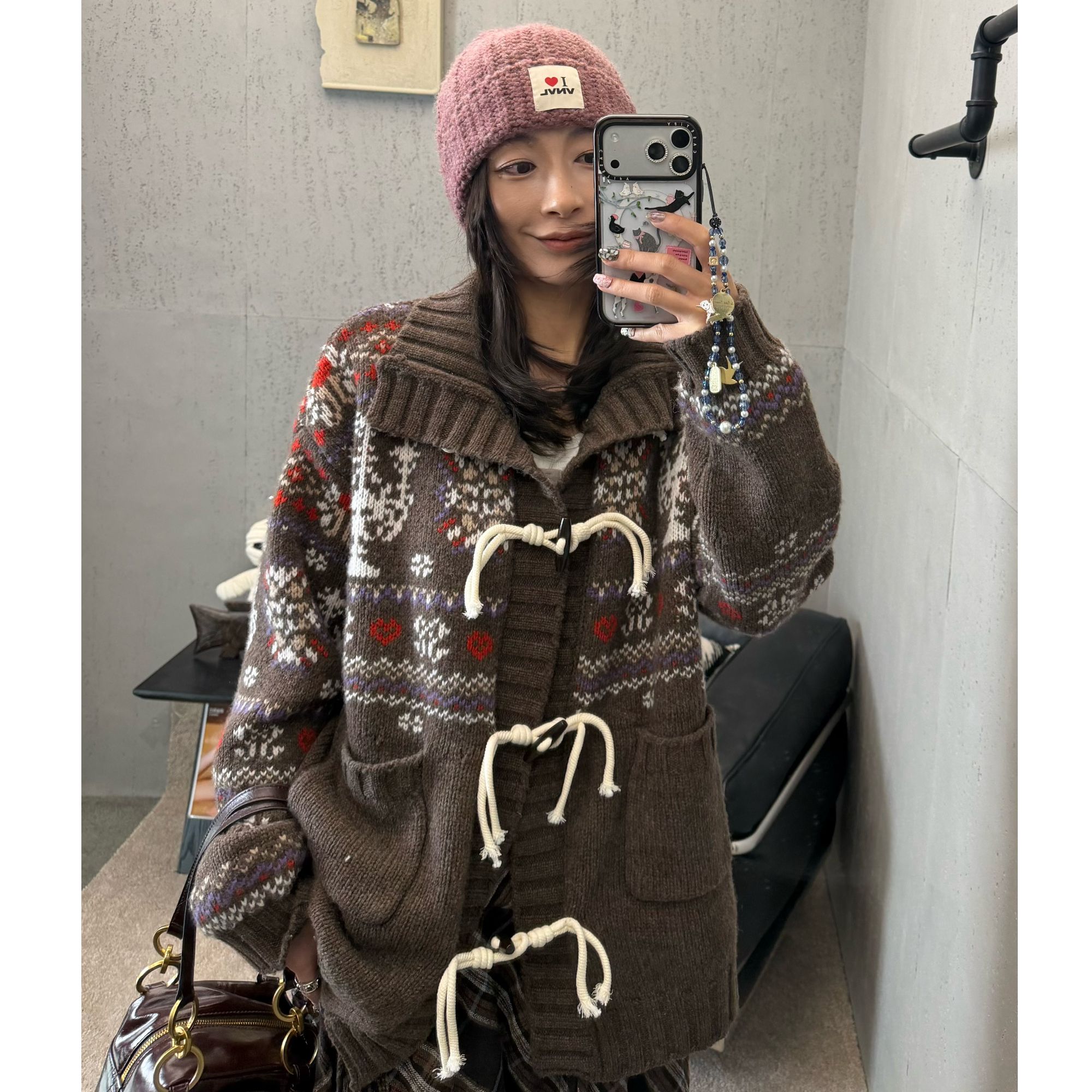 fozafozza费尔岛烛光提花粗针重磅羊毛开衫