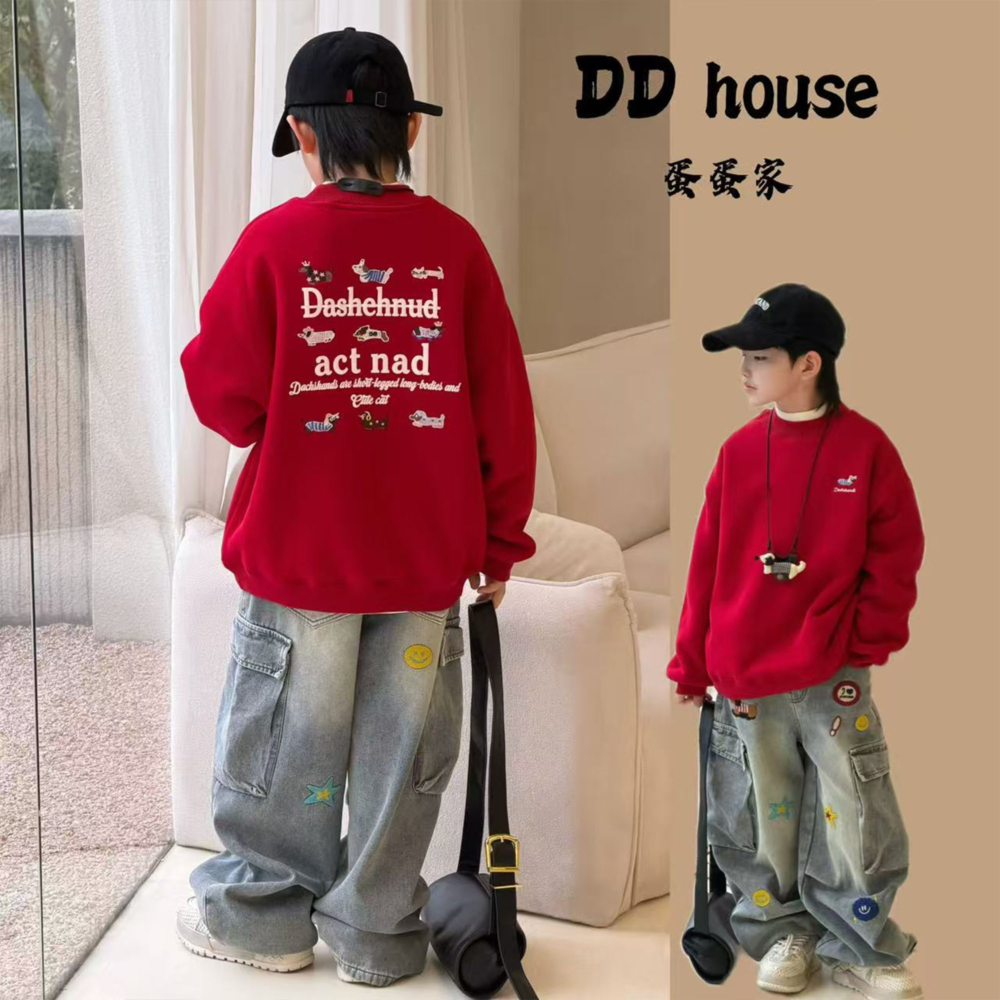 蛋蛋家【幸运狗】25348冬季新款洋气红色背面腊肠狗加绒卫衣