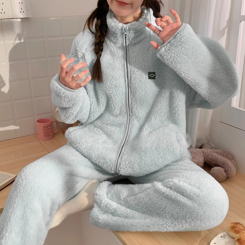 加厚冬季女款高领睡衣家居服套装大学生可外穿睡衣拉链家居服套装