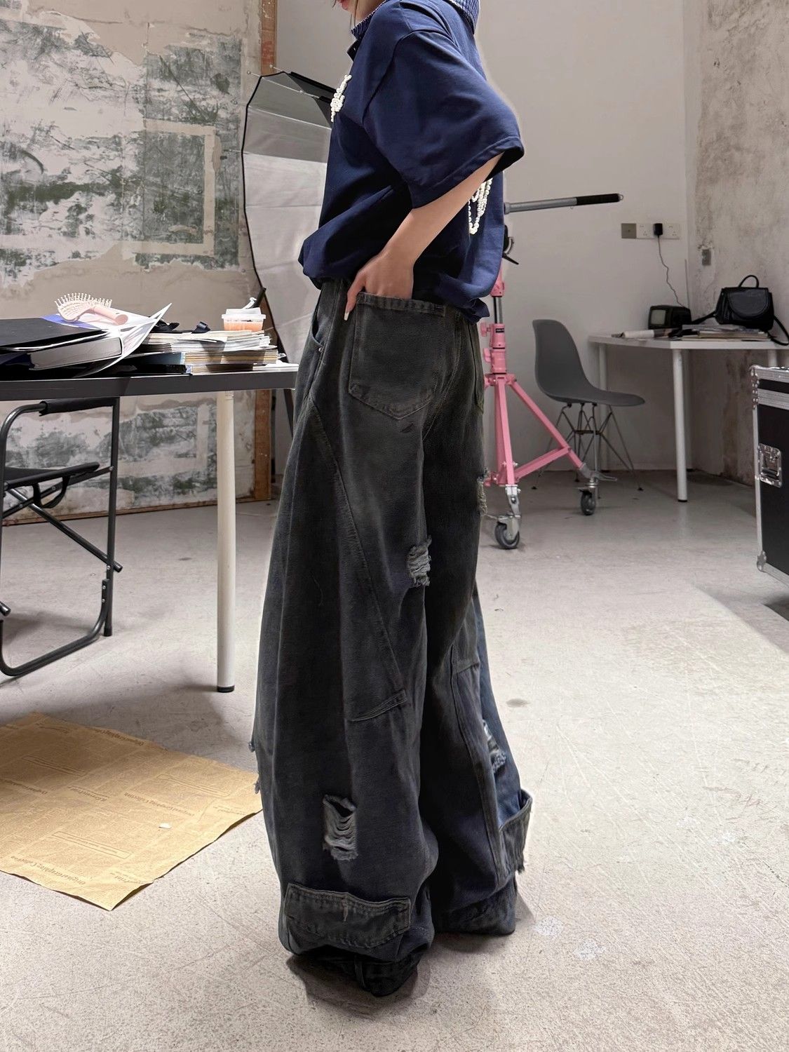 美式复古破洞解构弯刀牛仔裤女夏季高街设计感宽松显瘦垂感阔腿裤