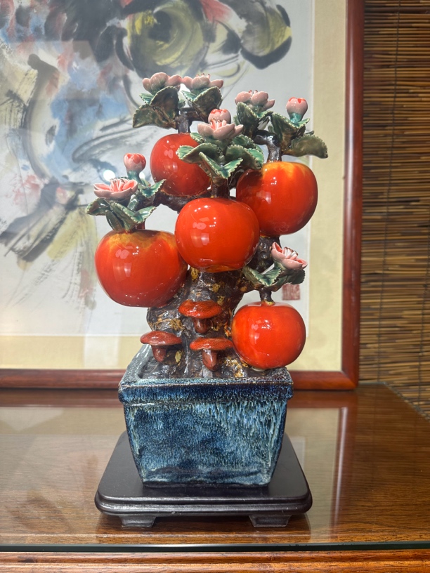佛山石湾陶艺苹果盆景陶瓷摆件陶瓷长22高40