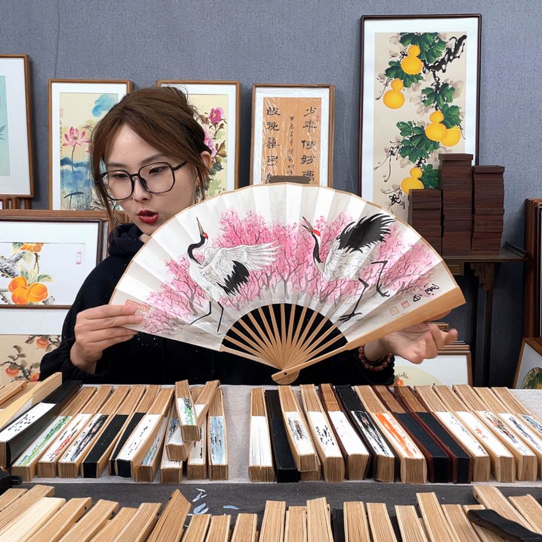 国画10寸玉竹-纯手绘-文玩扇骨（默认粘好）