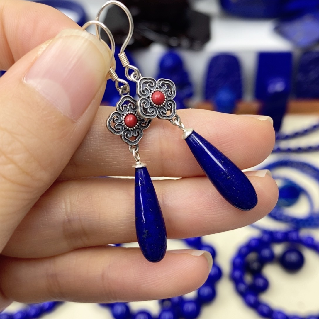 青金石耳饰银S925镶嵌